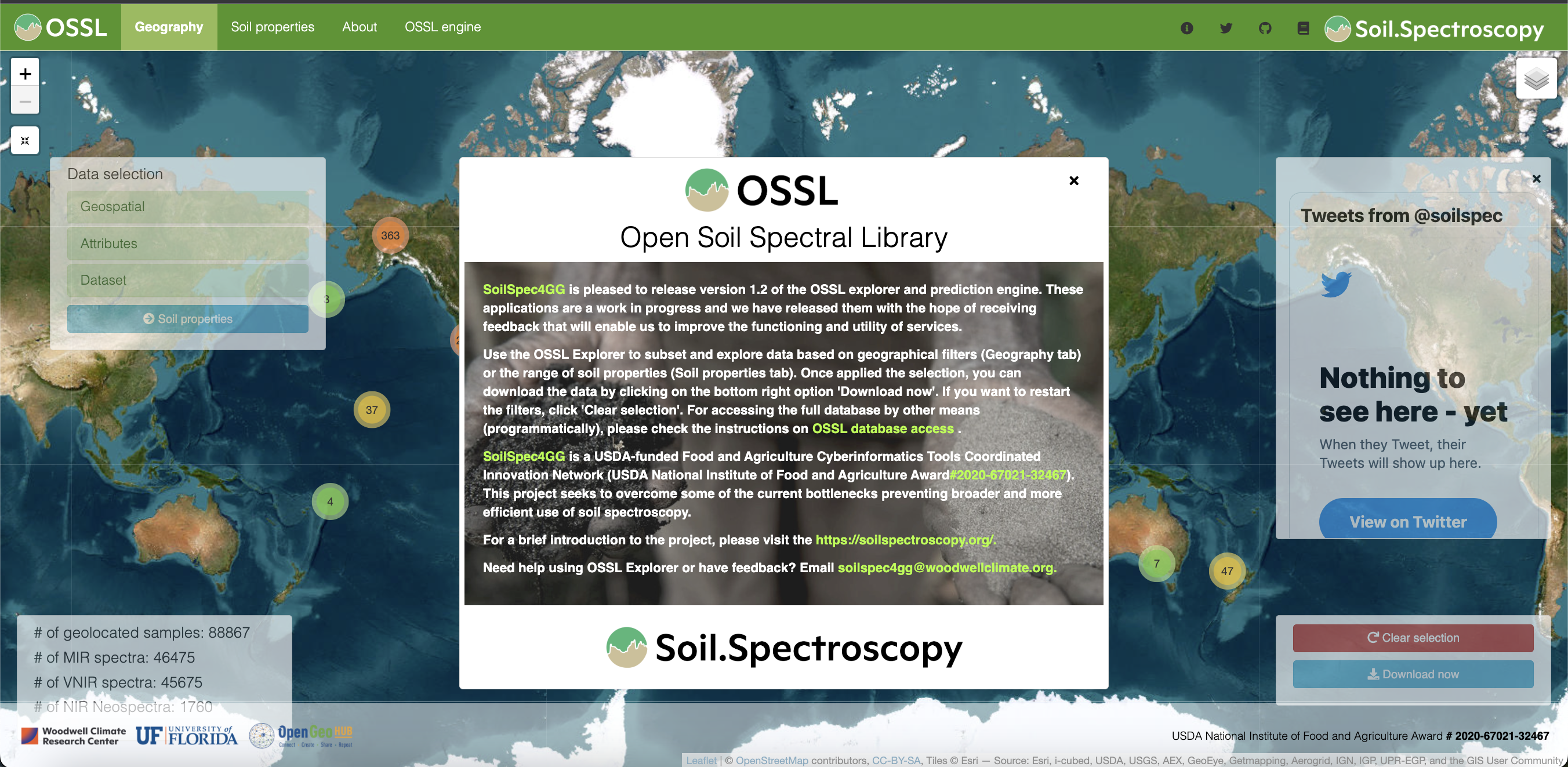 OSSL Explorer initial page that allows filtering OSSL samples based on geographical distribution.